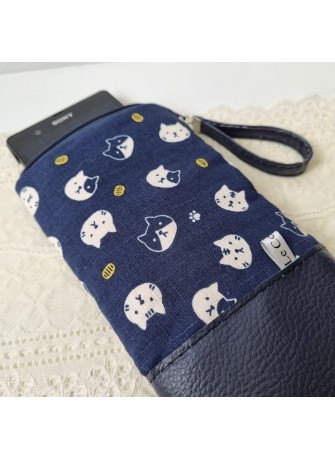 Etui zippé pour téléphone - Maruneko - simili cuir bleu marine