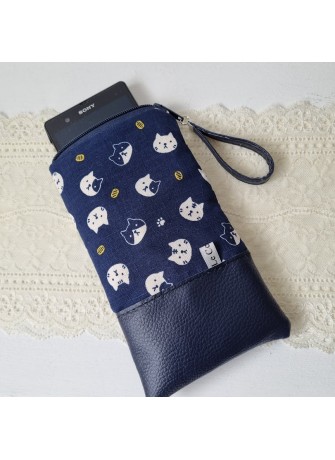 Etui zippé pour téléphone - Maruneko - simili cuir bleu marine