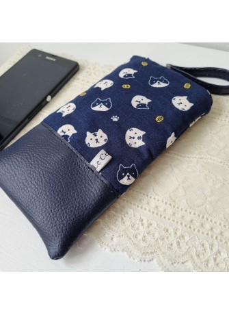 Etui zippé pour téléphone - Maruneko - simili cuir bleu marine