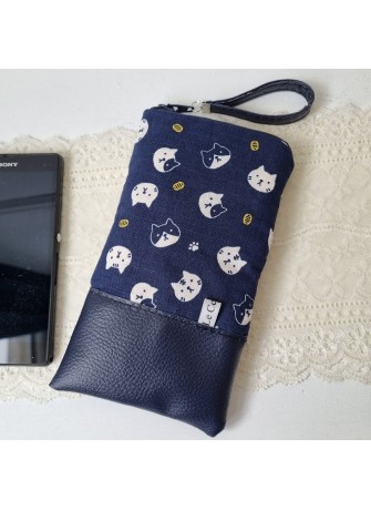 Etui zippé pour téléphone - Maruneko - simili cuir bleu marine