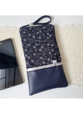 Etui zippé pour téléphone - Keiko - simili cuir bleu marine