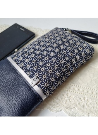 Etui zippé pour téléphone - Asanoha - simili cuir bleu marine