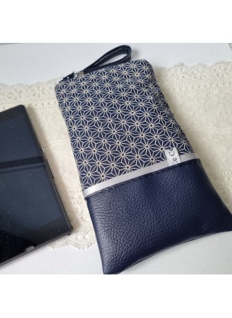 Etui zippé pour téléphone - Asanoha - simili cuir bleu marine