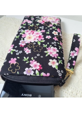 Etui zippé pour téléphone - Mieko noir & rose