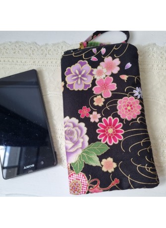 Etui zippé pour téléphone - Juri noir & rose