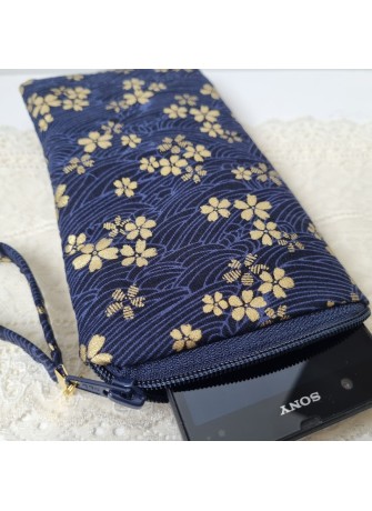 Etui zippé pour téléphone - Sakura doré fond bleu marine