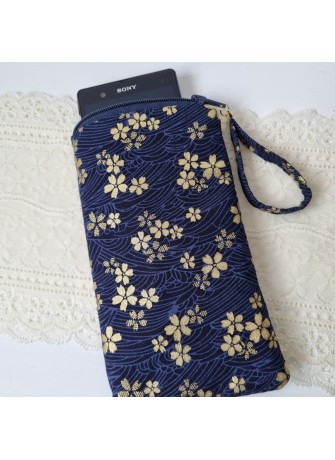 Etui zippé pour téléphone - Sakura doré fond bleu marine