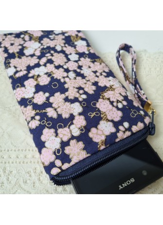 Etui zippé pour téléphone - Hinata bleu marine & rose