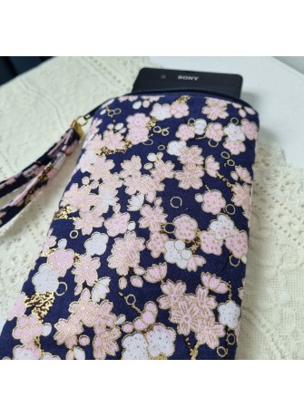 Etui zippé pour téléphone - Hinata bleu marine & rose