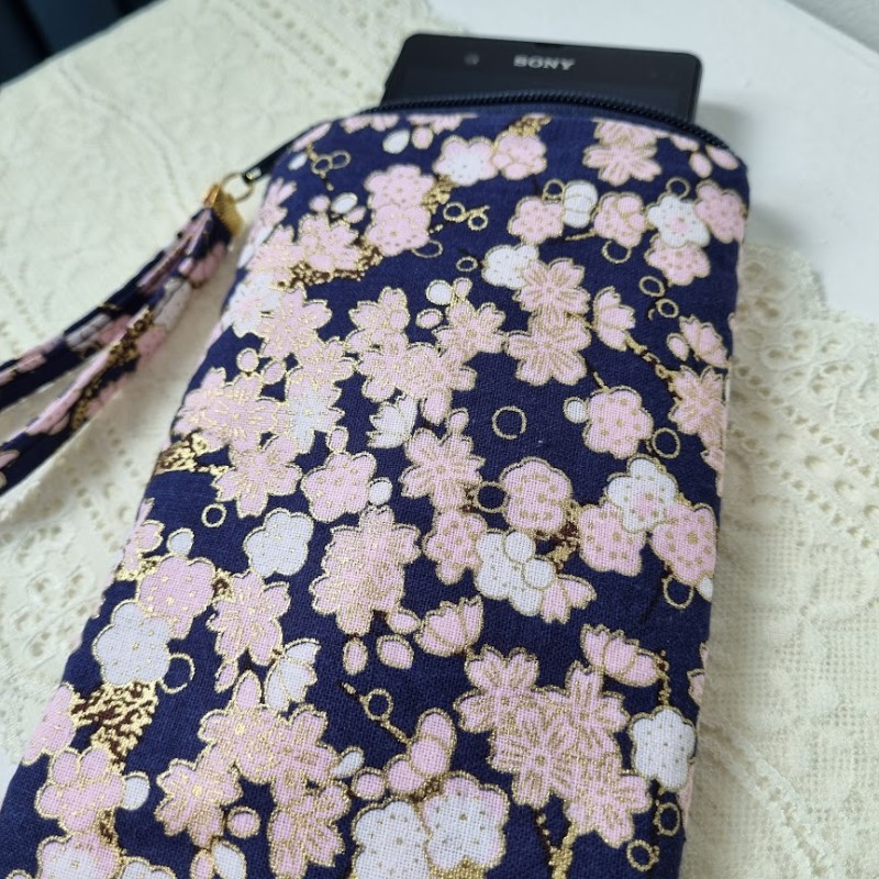 Etui zippé pour téléphone - Hinata bleu marine & rose