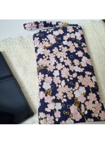 Etui zippé pour téléphone - Hinata bleu marine & rose