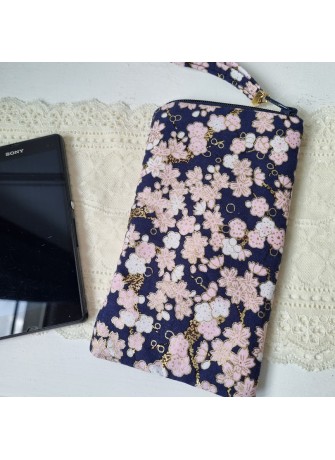 Etui zippé pour téléphone - Hinata bleu marine & rose