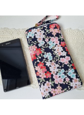 Etui zippé pour téléphone - Nina fond bleu marine