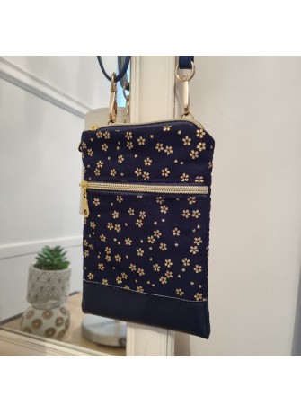 Mini-sac pour téléphone - Sakura doré fond bleu marine