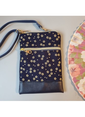 Mini-sac pour téléphone - Sakura doré fond bleu marine