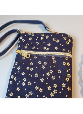 Mini-sac pour téléphone - Sakura doré fond bleu marine