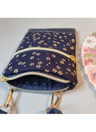 Mini-sac pour téléphone - Sakura doré fond bleu marine