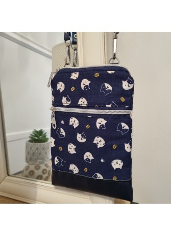 Mini-sac pour téléphone - Maruneko bleu marine & blanc