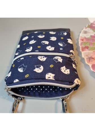 Mini-sac pour téléphone - Maruneko bleu marine & blanc