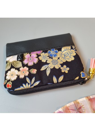 Porte-monnaie zippé - Kanako noir fleurs & simili cuir noir