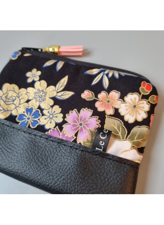 Porte-monnaie zippé - Kanako noir fleurs & simili cuir noir