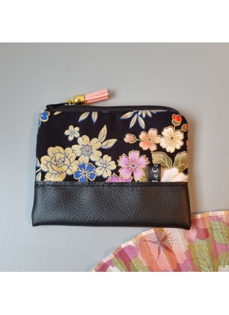 Porte-monnaie zippé - Kanako noir fleurs & simili cuir noir