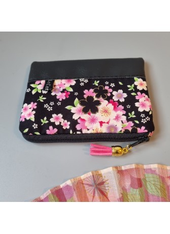 Porte-monnaie zippé - Mieko noir fleurs & simili cuir noir