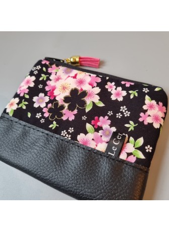 Porte-monnaie zippé - Mieko noir fleurs & simili cuir noir