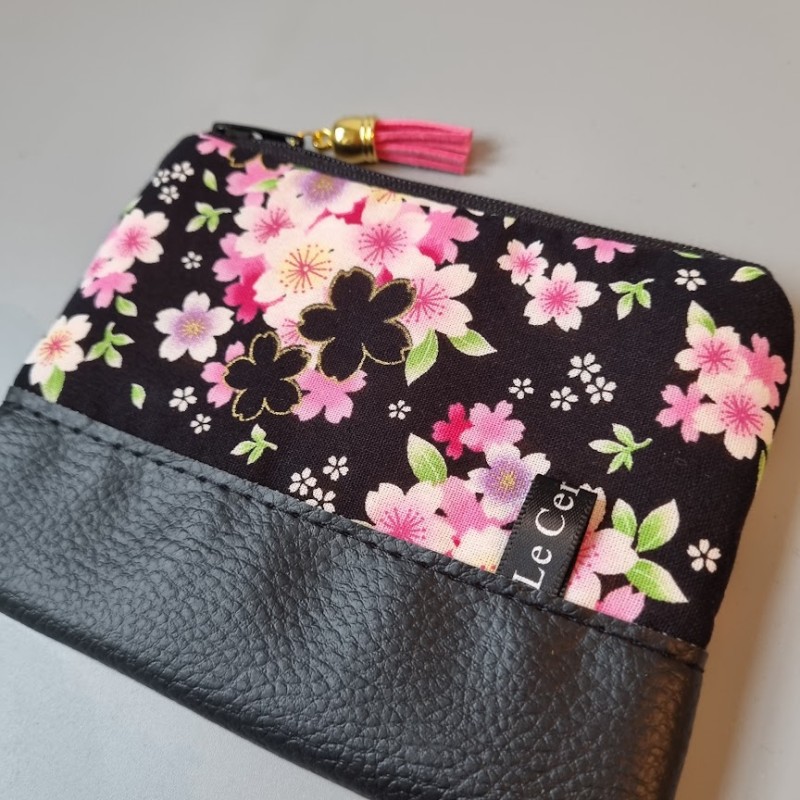 Porte-monnaie zippé - Mieko noir fleurs & simili cuir noir