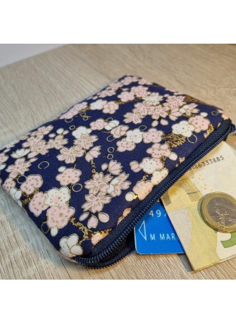 Porte-monnaie zippé - Hinata bleu marine fleurs