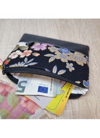 Porte-monnaie zippé - Kanako noir fleurs & simili cuir noir