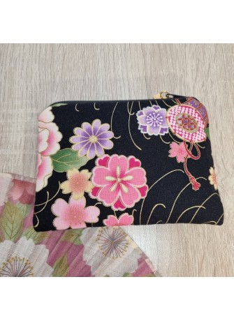 Porte-monnaie zippé - Juri noir & rose fleuri