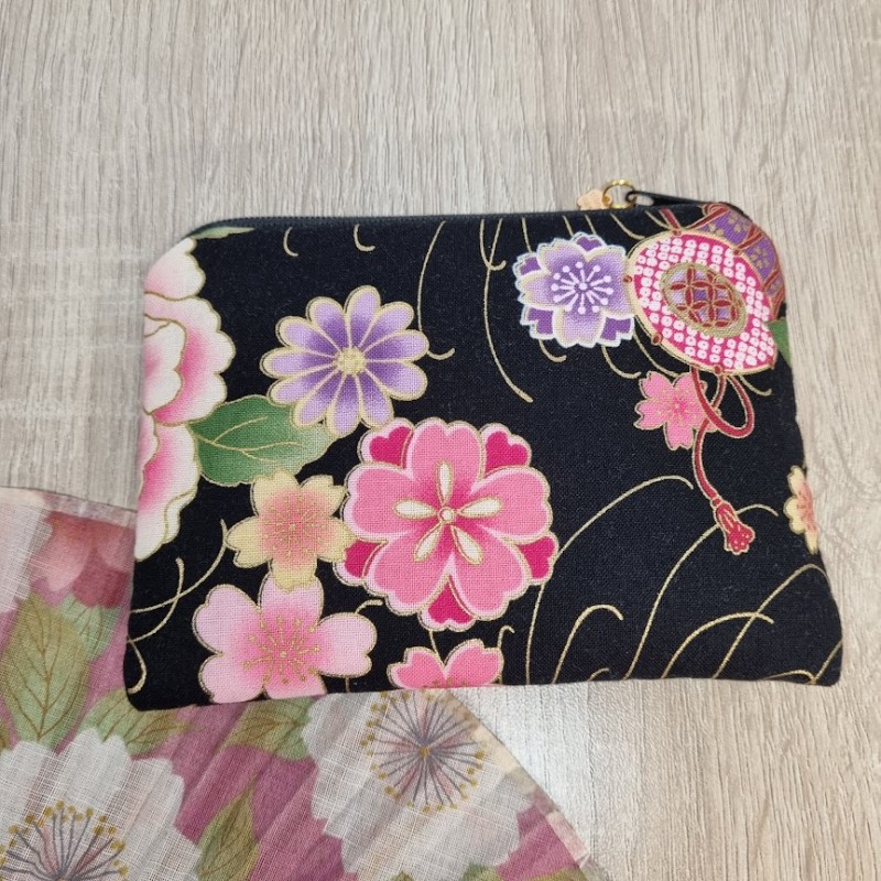 Porte-monnaie zippé - Juri noir & rose fleuri