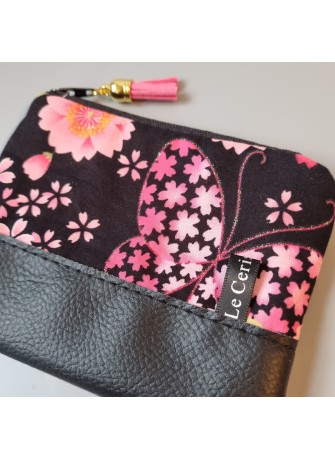 Porte-monnaie zippé - Juri noir fleurs & simili cuir noir