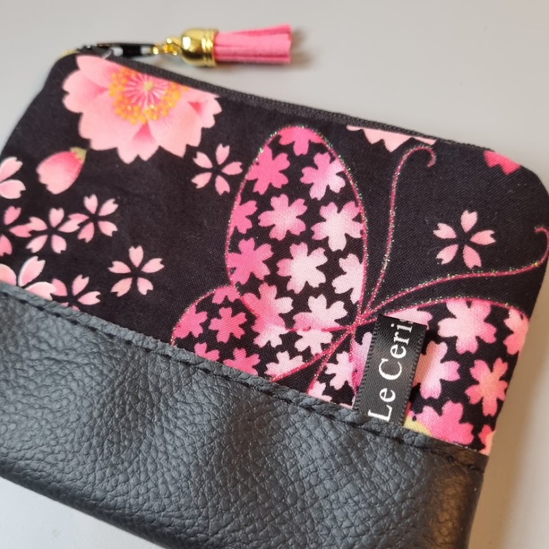 Porte-monnaie zippé - Juri noir fleurs & simili cuir noir