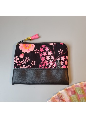 Porte-monnaie zippé - Juri noir fleurs & simili cuir noir