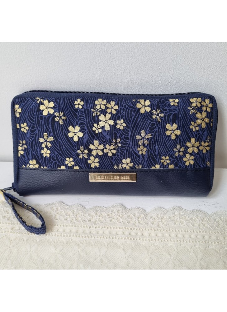 Portefeuille Long zippé - Sakura bleu doré - simili cuir bleu marine