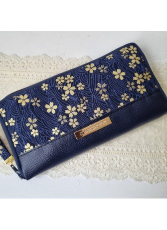 Portefeuille Long zippé - Sakura bleu doré - simili cuir bleu marine