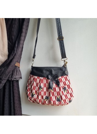 Sac à bandoulière - Kasuri kuroneko rouge blanc & simili cuir noir