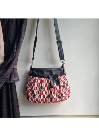 Sac à bandoulière - Kasuri kuroneko rouge blanc & simili cuir noir