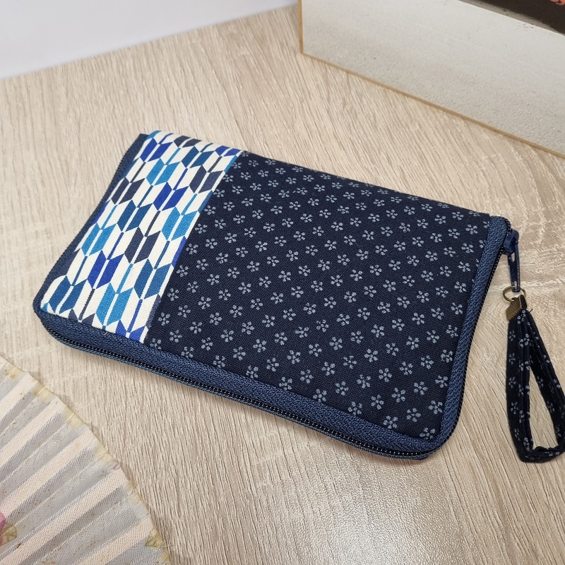 5.5" zippered Cards and coins wallet - Bi-color white navy blue - navy blue zipper