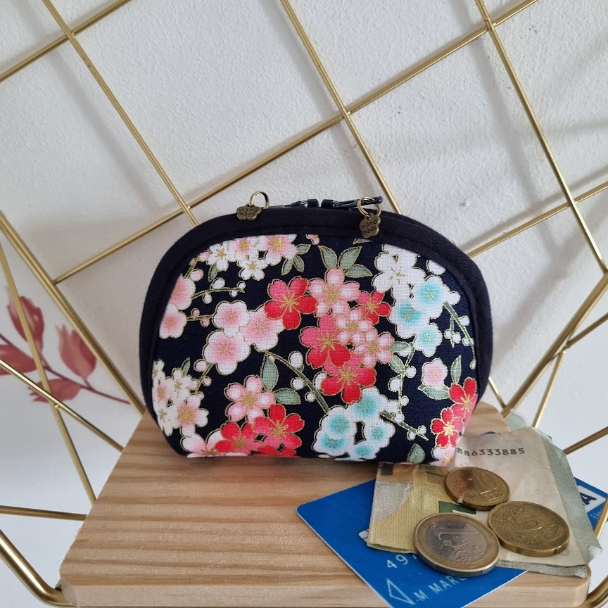 Coin purse - Nina navy blue pink - zippered closure