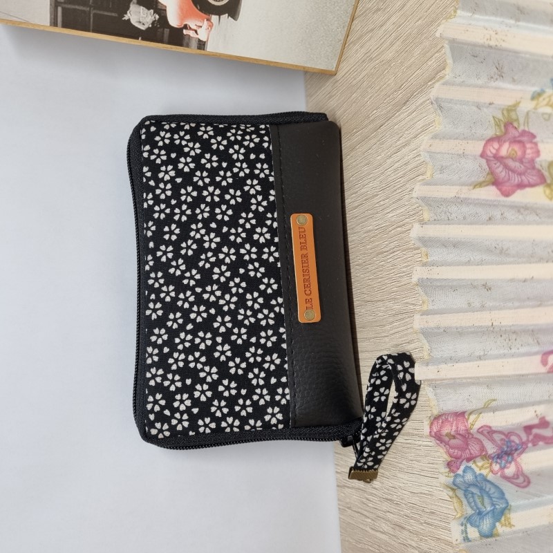 5.5" zippered Cards and coins wallet - Sakura black white - black faux leather