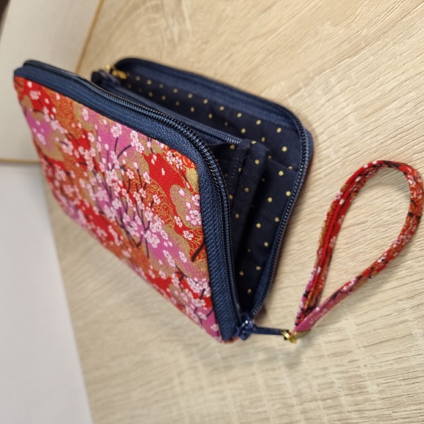 5.5\" zippered Cards and coins wallet - Akina red - navy blue zipper