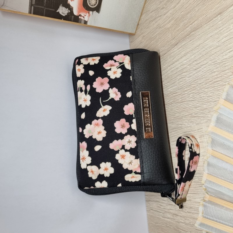 Portefeuille porte-monnaie zipp -  Emi noir rose - simili cuir noir