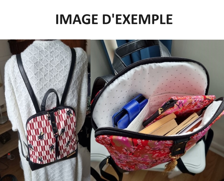 Sac  dos - simili cuir et coton - Maneki rouge blanc